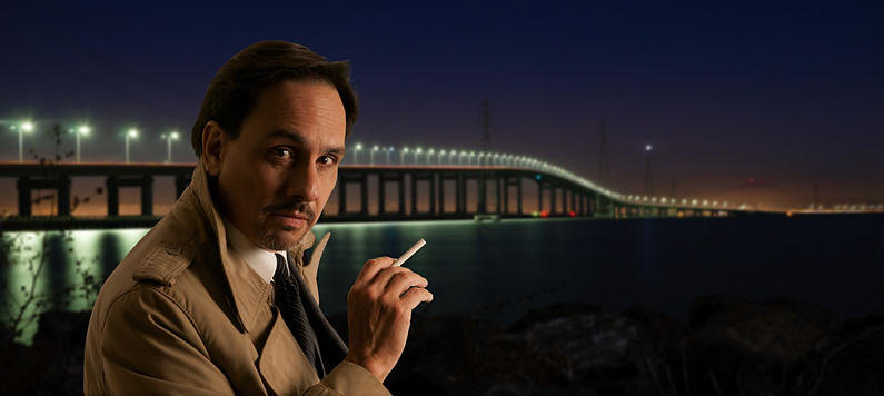 spy,night,city,bridge,evening,trenchcoat,spy,spying,cigarette,wireless flash, green screen,softbox,